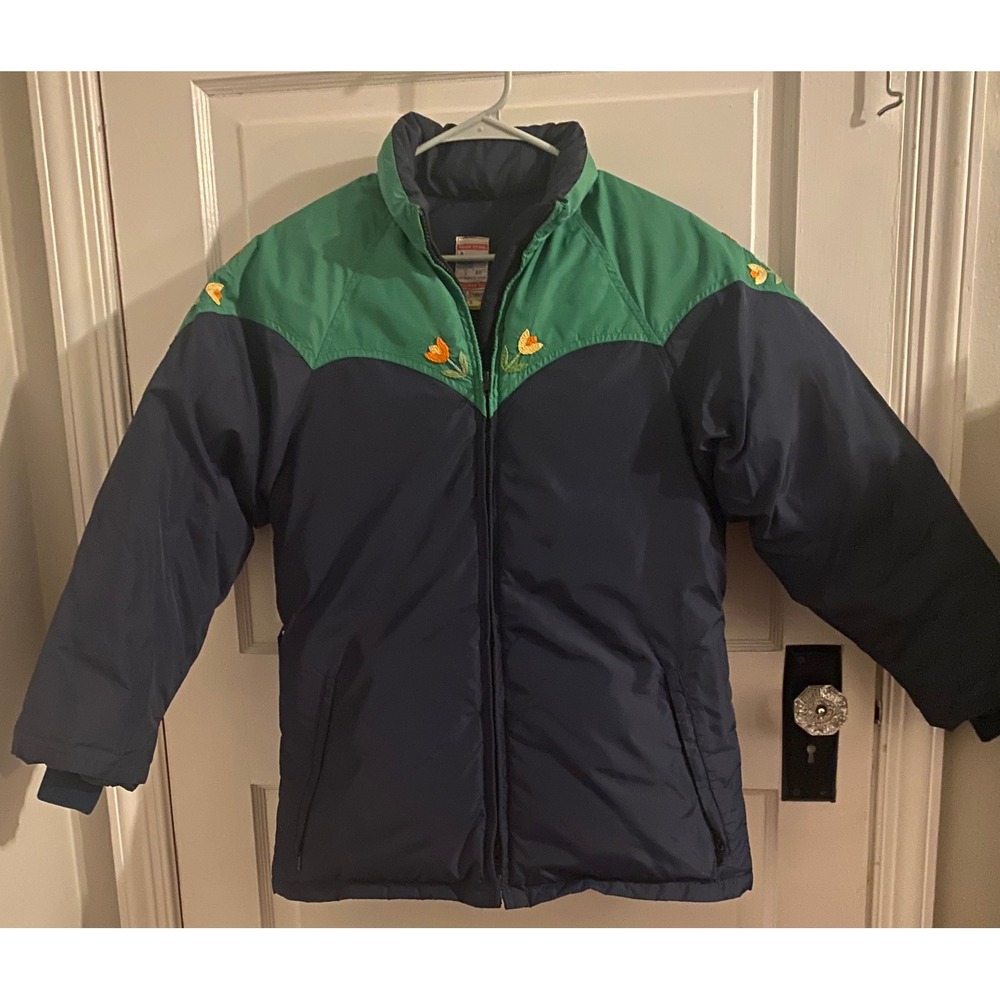 Vintage Frostline Kit Down Puffer Jacket Embroidered Floral Boho Size Small Blue - Picture 2 of 10